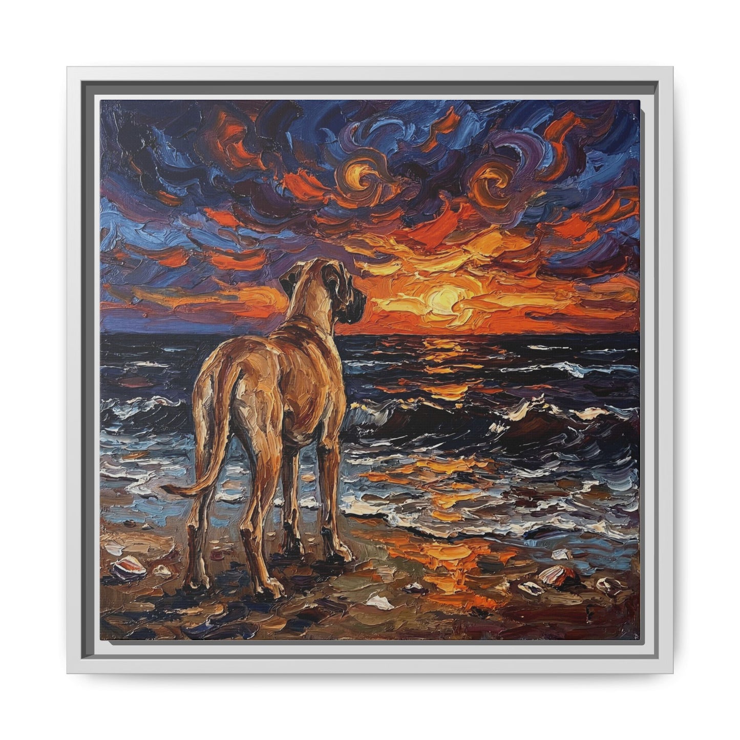 "Beach Sunset - Fawn Great Dane" Framed Canvas Wall Art