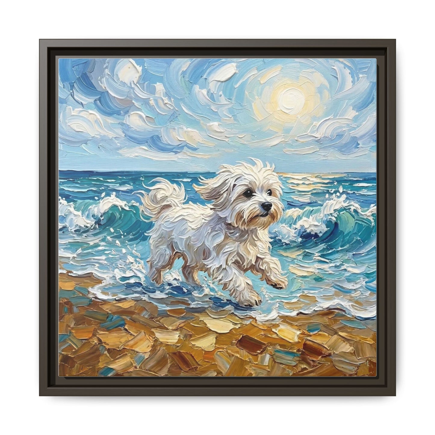 "Beach Day - Maltese" Framed Canvas Wall Art