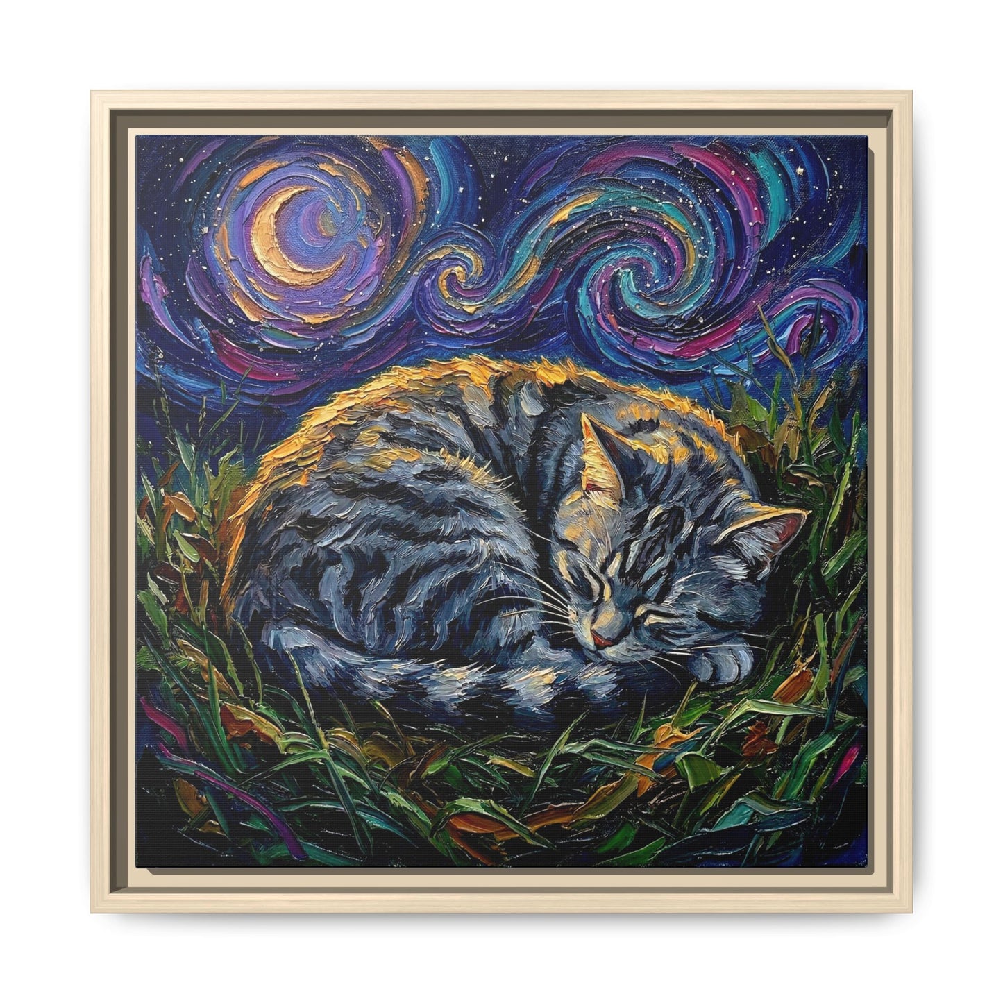 "Sleepy American Shorthair Tabby Night" Framed Canvas Wall Art