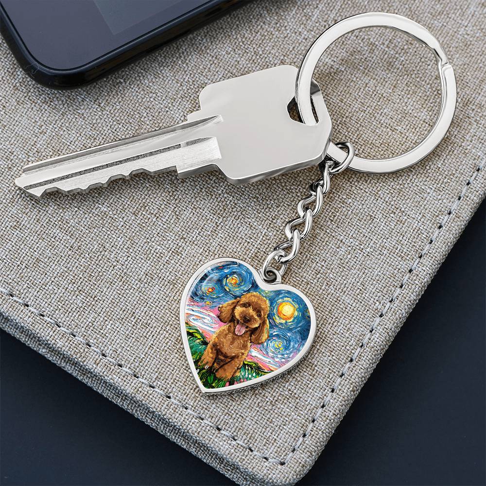 Apricot Poodle Puppy Starry Night Heart Keychain