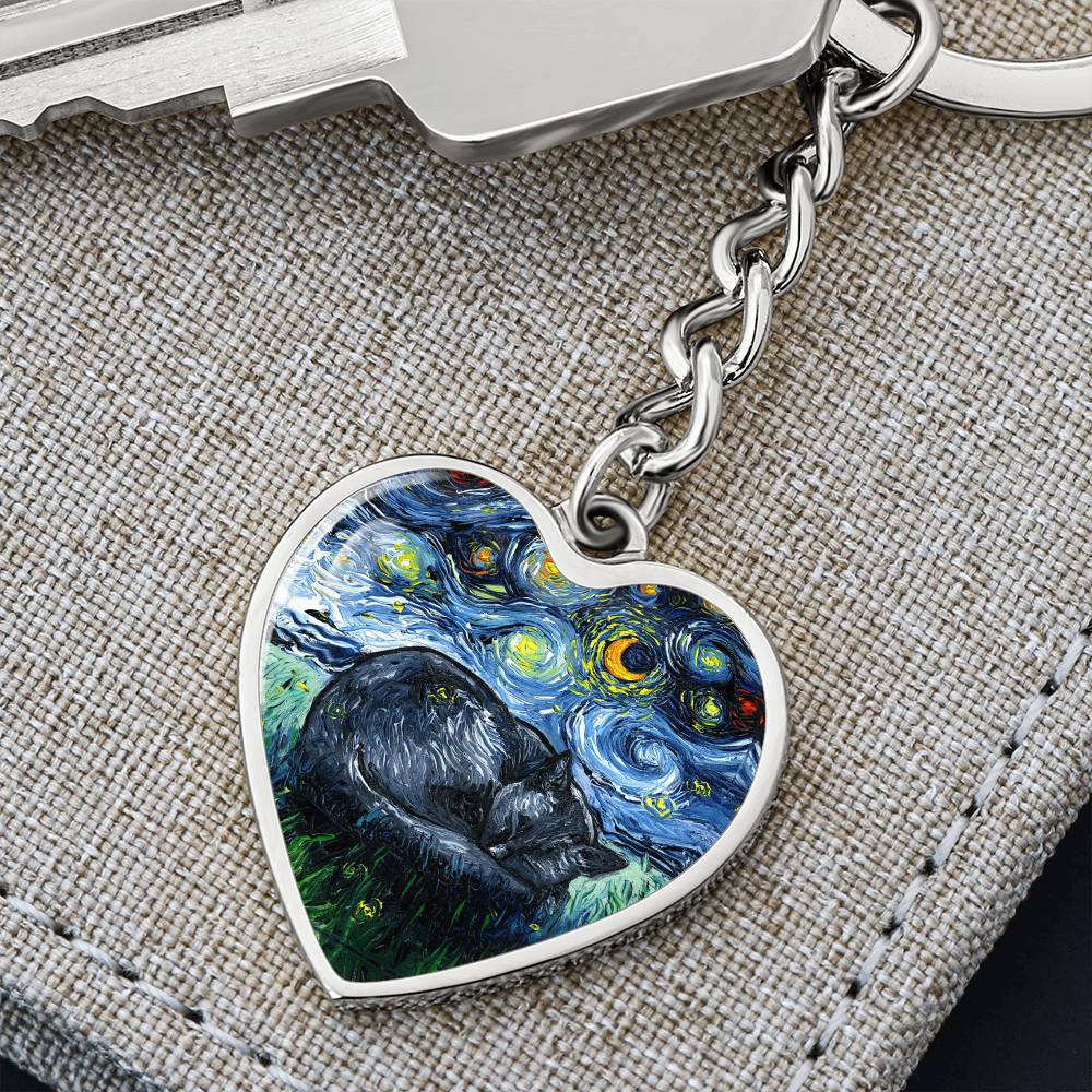 Sleeping Black Cat Starry Night Heart Keychain