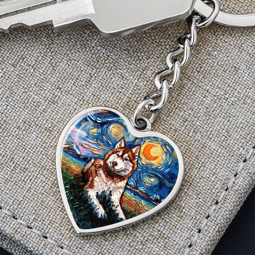 Red Husky Starry Night Heart Keychain