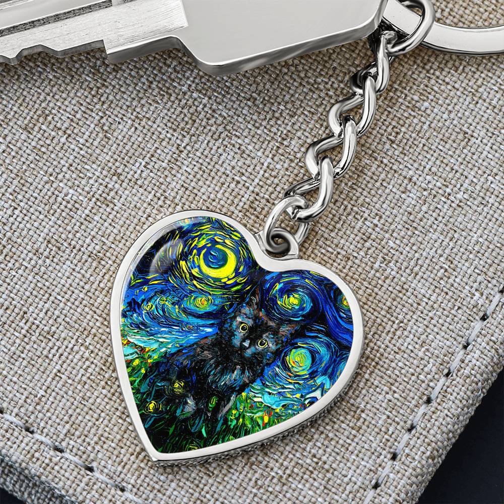 Black Cat Starry Night Heart Keychain