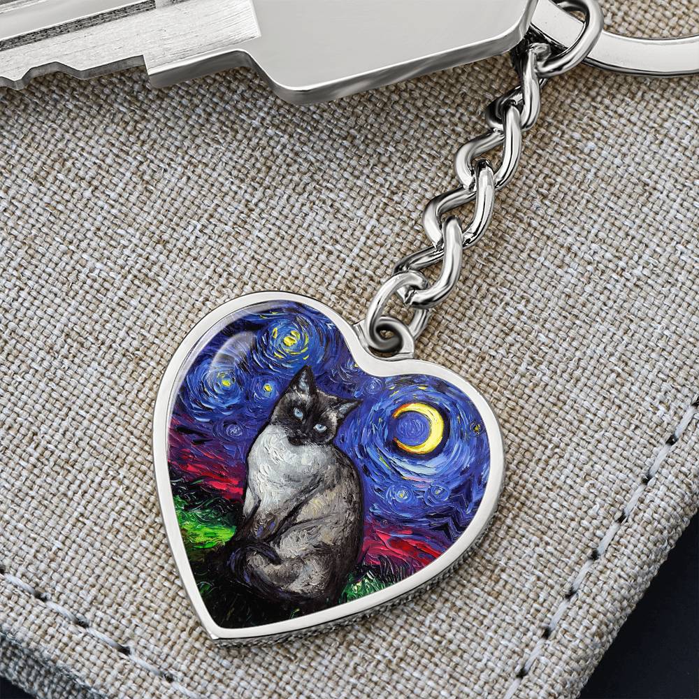 Siamese Cat Starry Night Heart Keychain