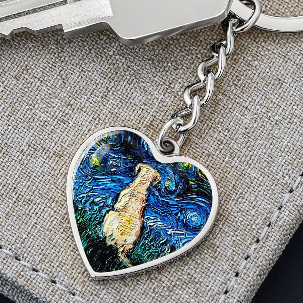 Yellow Labrador Back Starry Night Heart Keychain