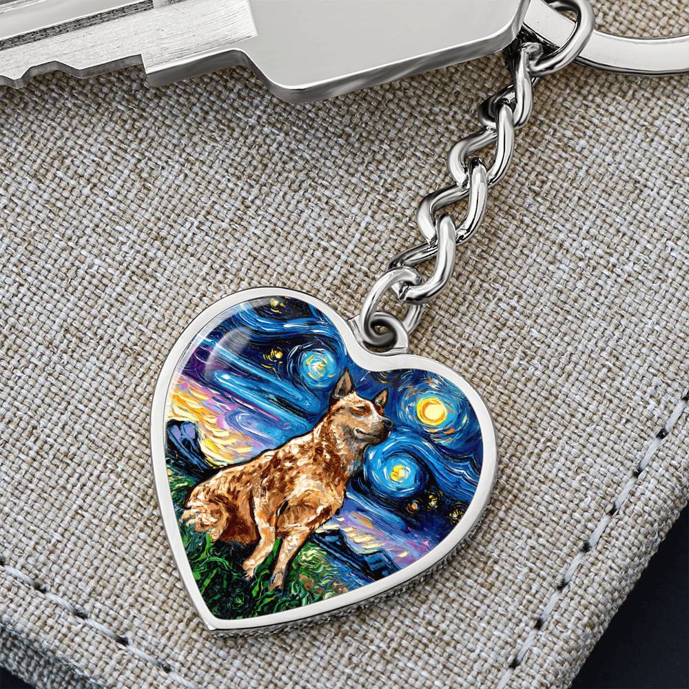 Red Heeler Starry Night Heart Keychain