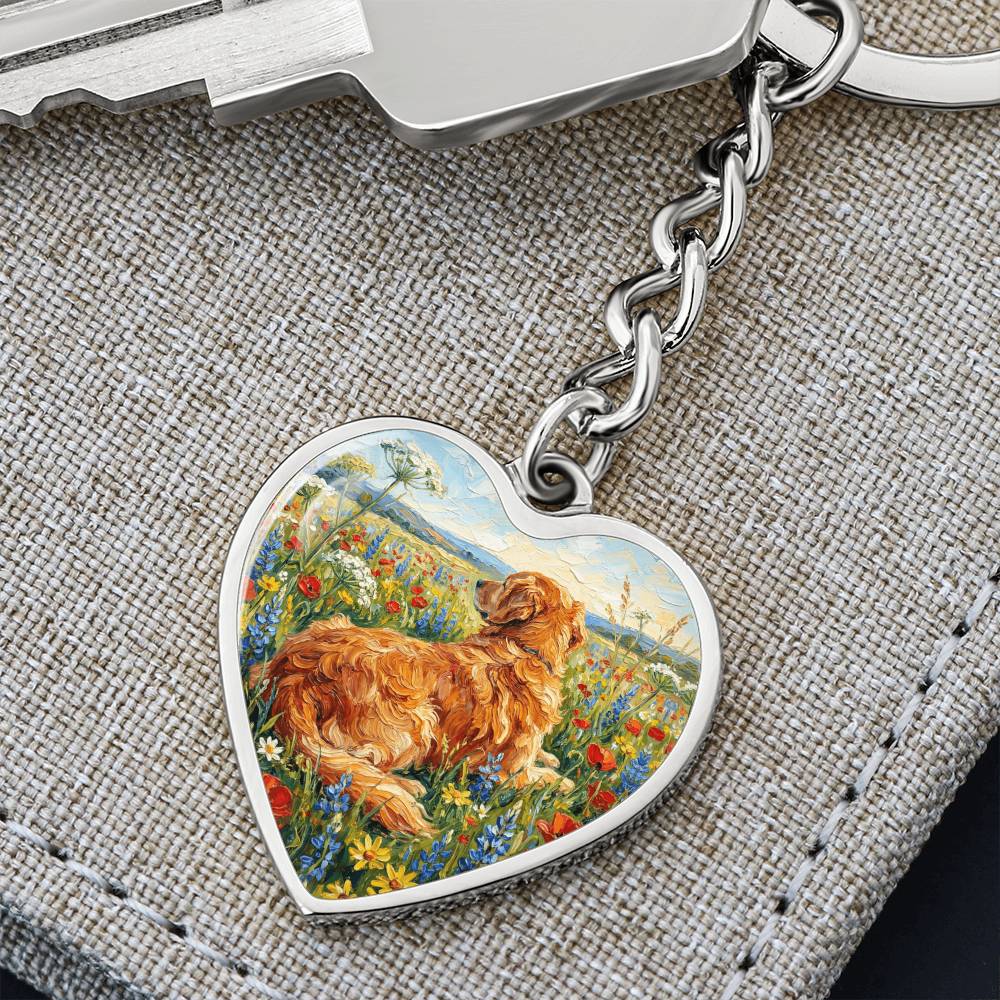 Amongst The Flowers - Golden Retriever Heart Keychain