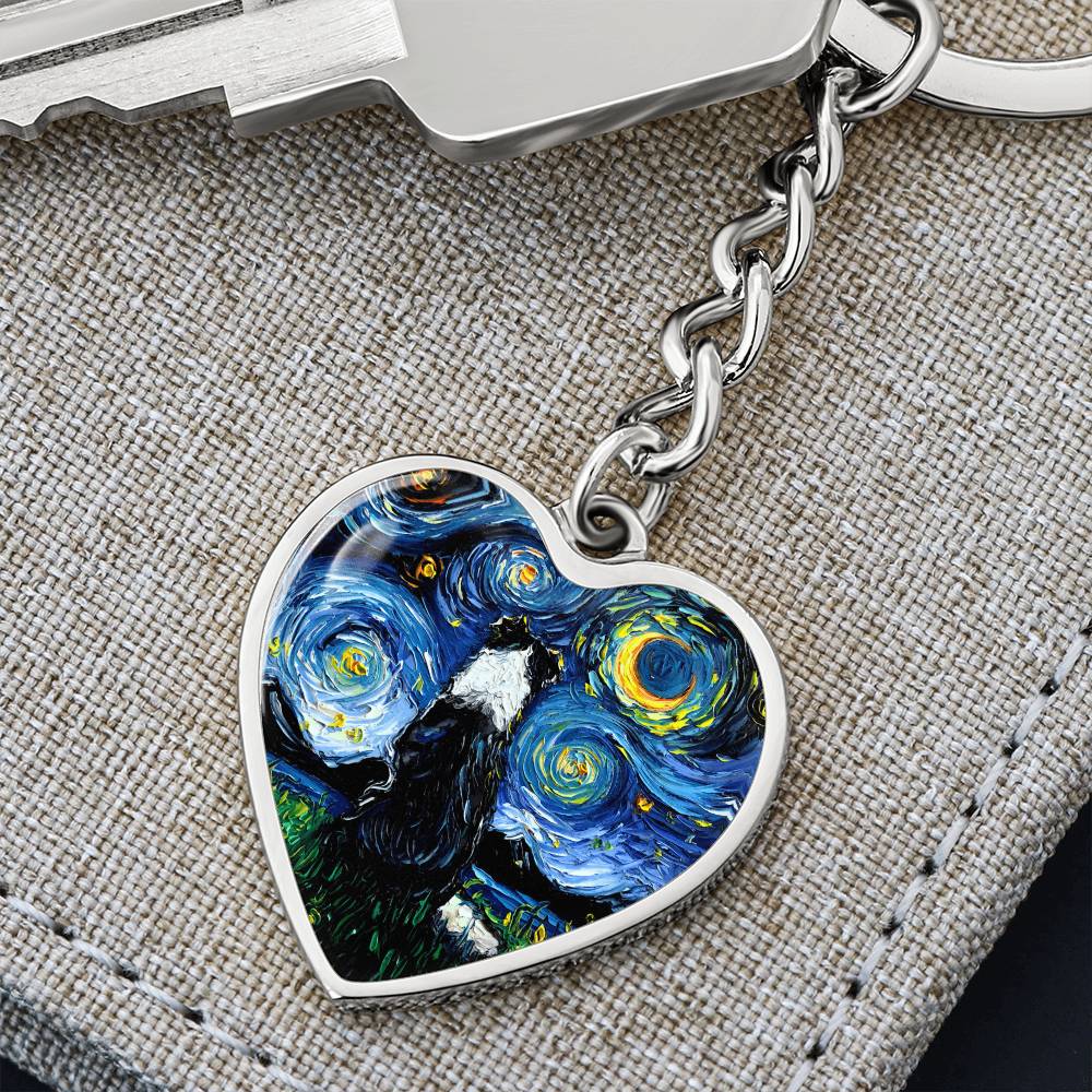 Border Collie Back Starry Night Heart Keychain