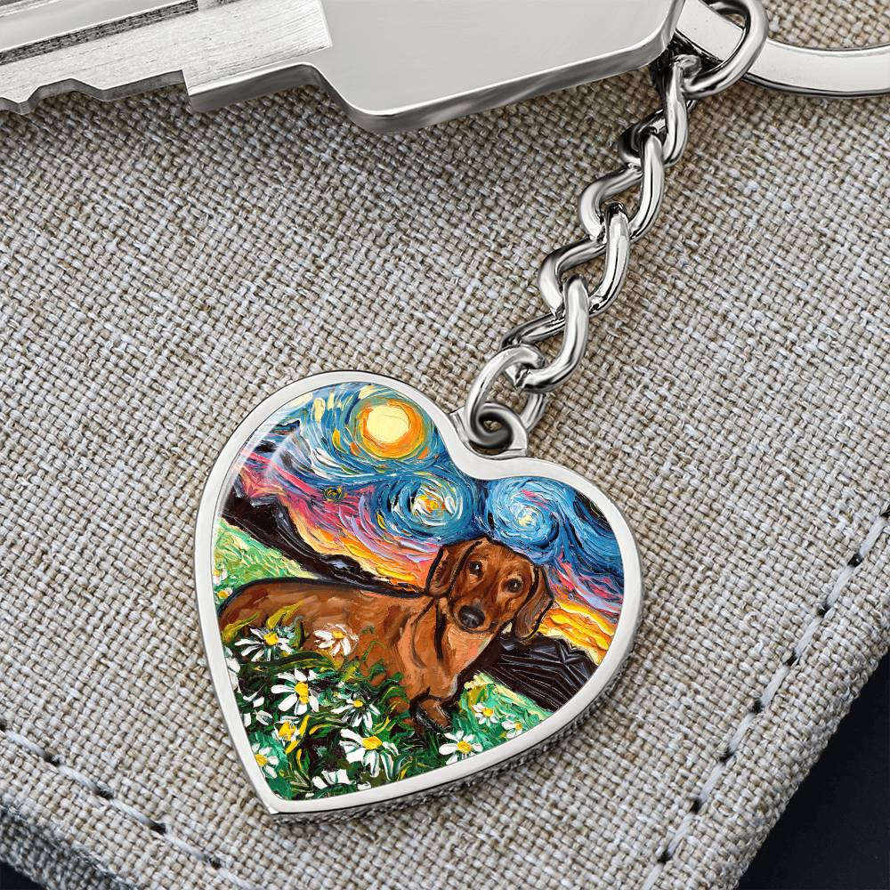 Brown Dachshund and Flowers Starry Night Heart Keychain