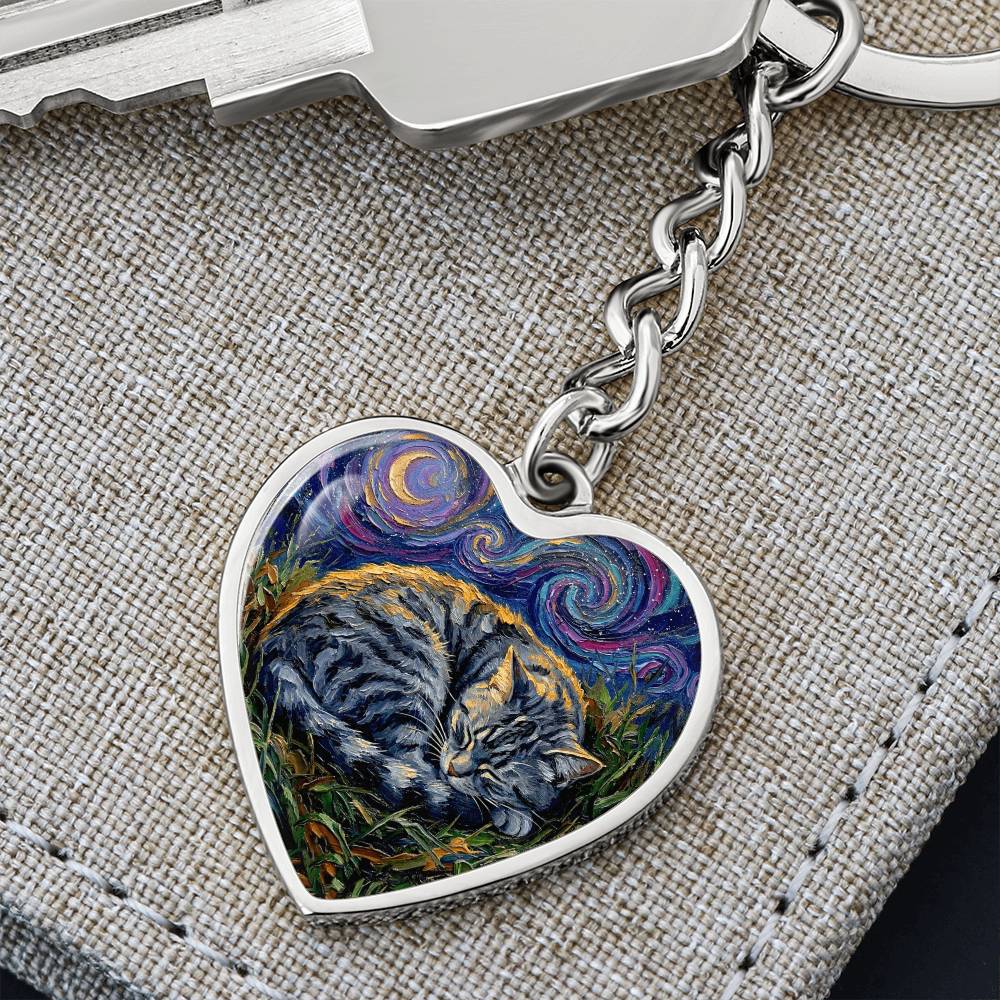 Sleepy American Shorthair Tabby Heart Keychain