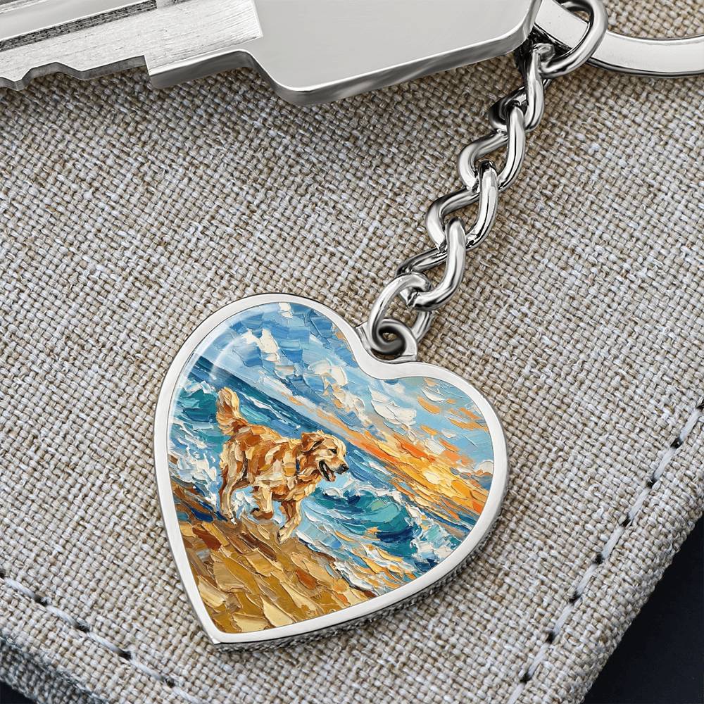 Frolicking Golden Retriever Heart Keychain