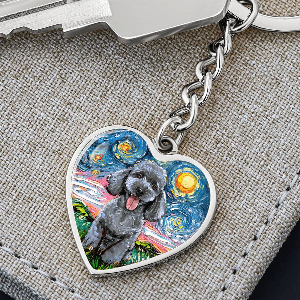 Silver Poodle Starry Night Heart Keychain