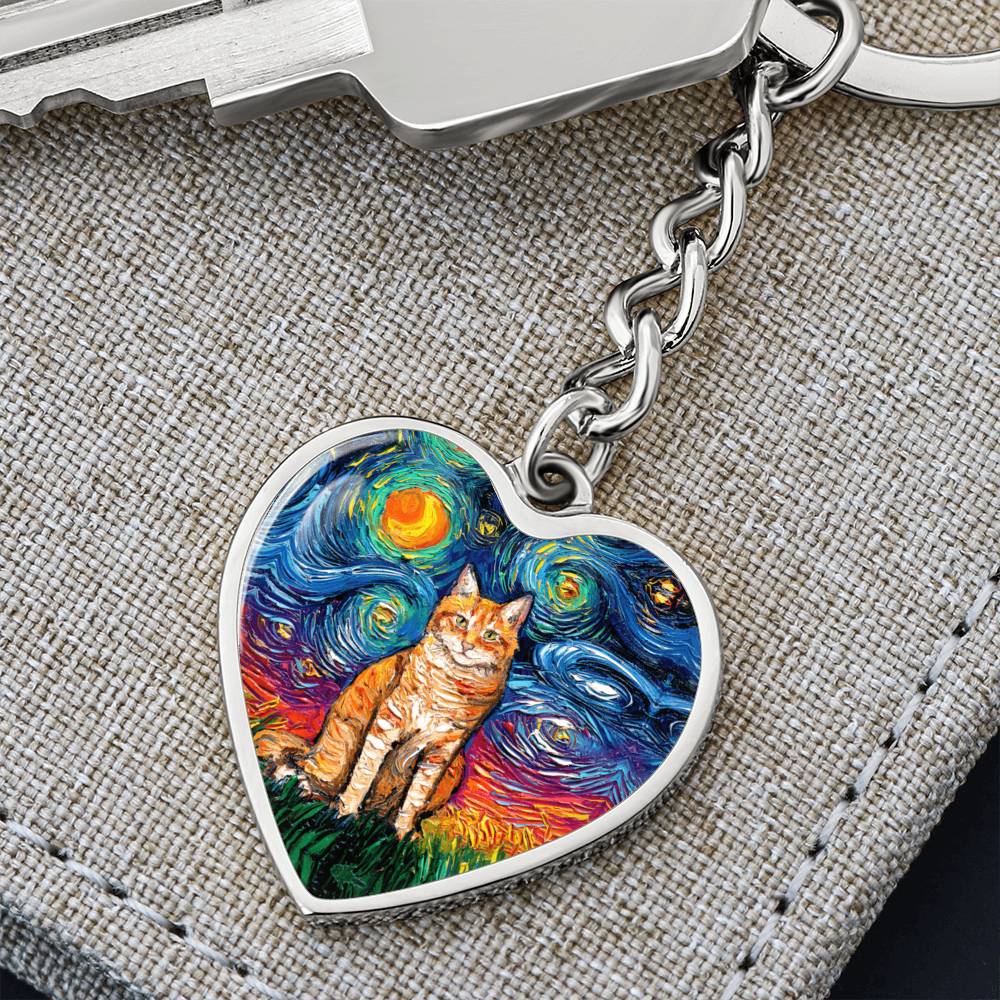 Orange Tabby Cat Starry Night Heart Keychain