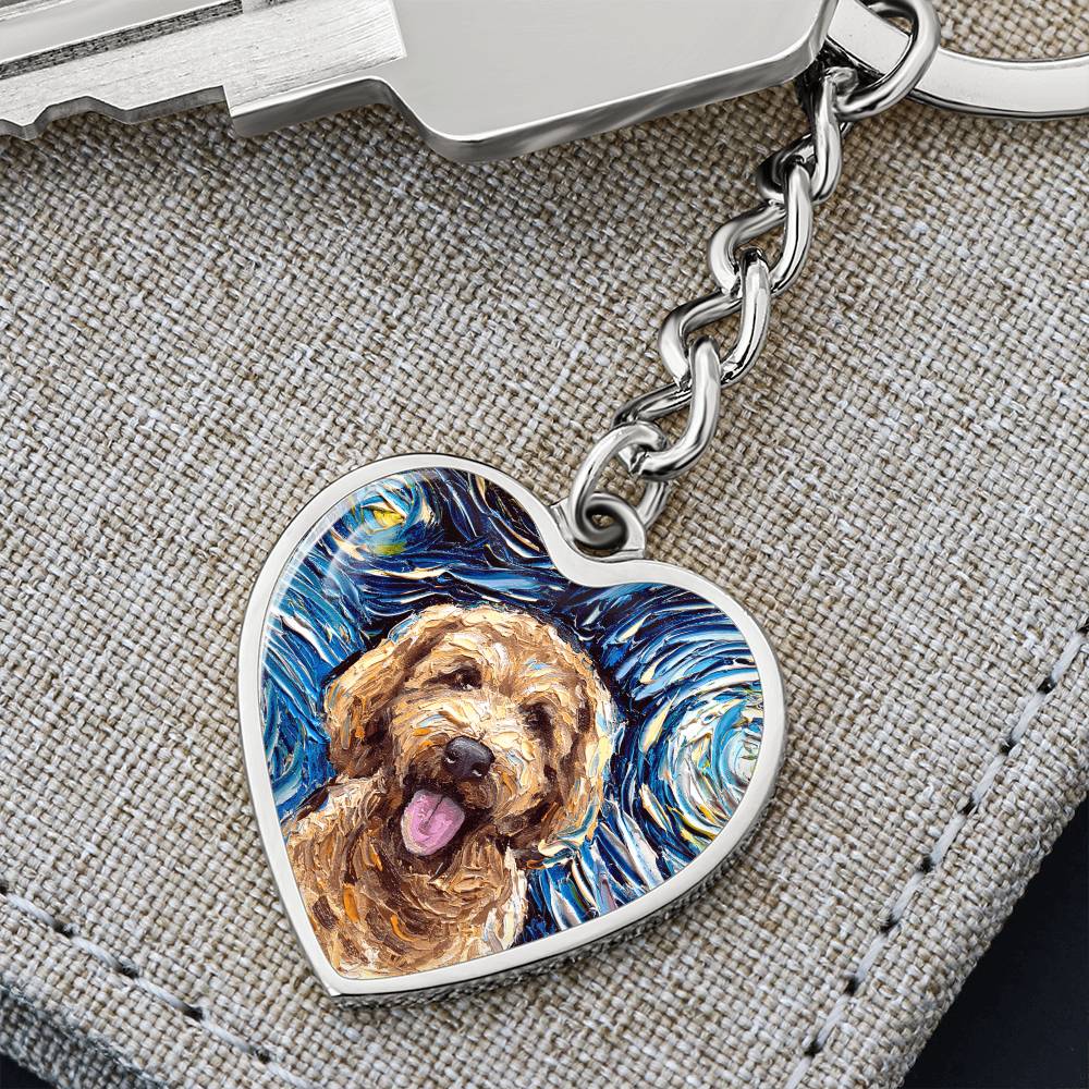 Goldendoodle Portrait Starry Night Heart Keychain