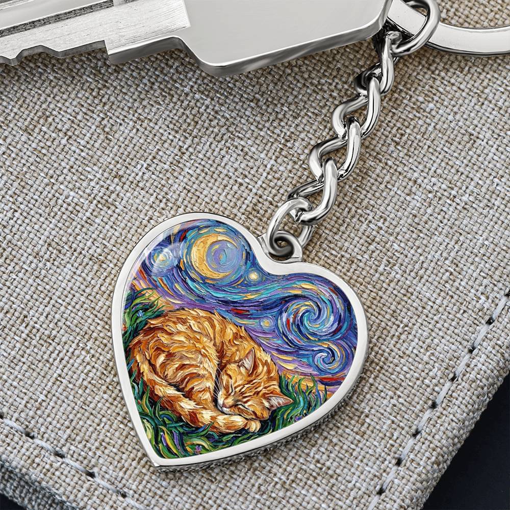 Sleepy Orange Tabby Night Heart Keychain