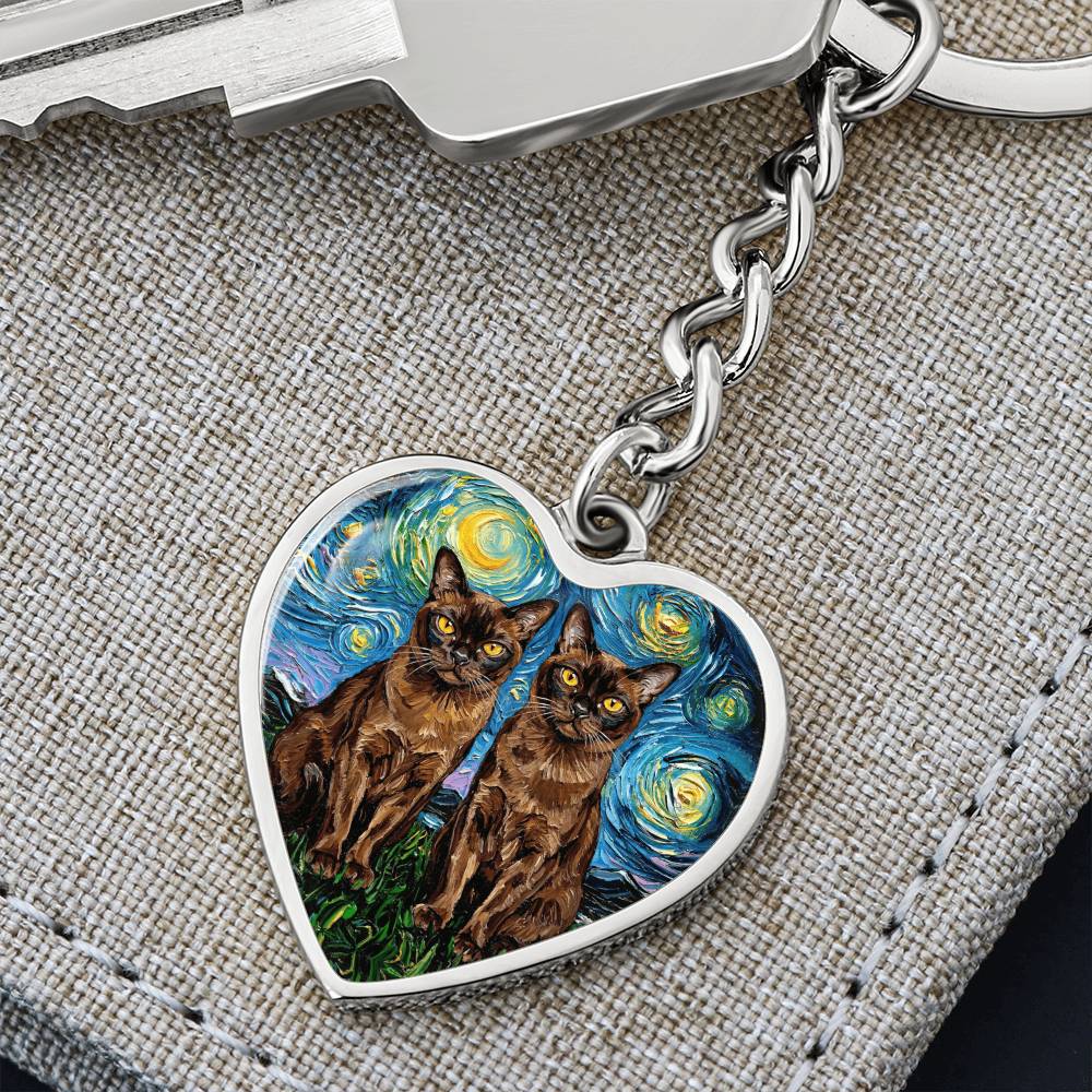 Burnese Cat Night Heart Keychain