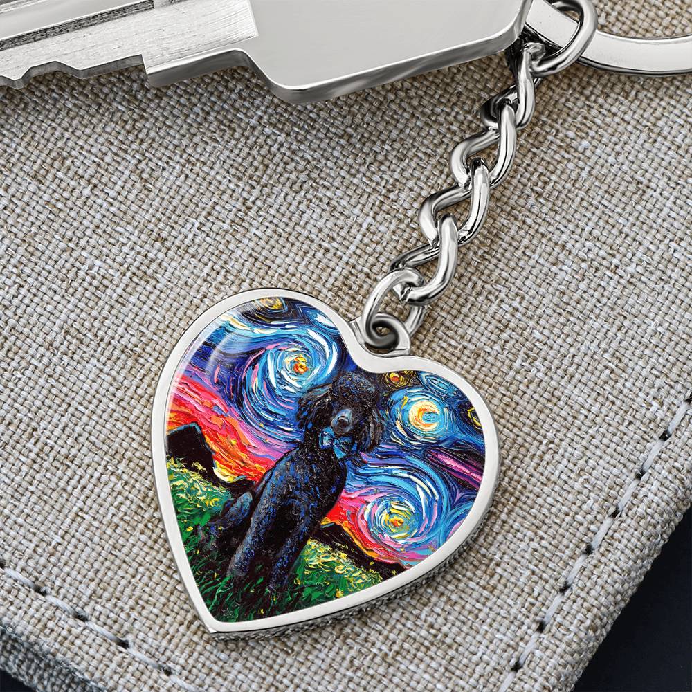Black Poodle Starry Night Heart Keychain