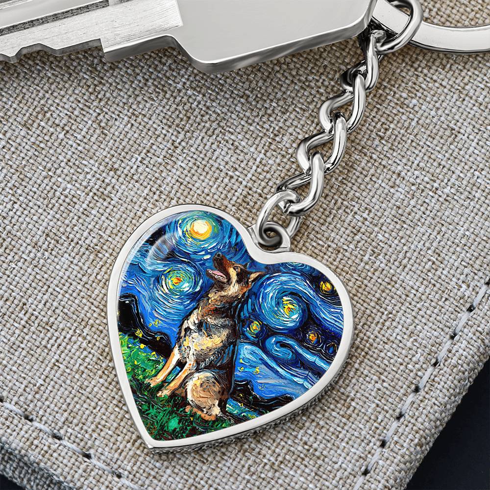 German Shepherd Starry Night Heart Keychain