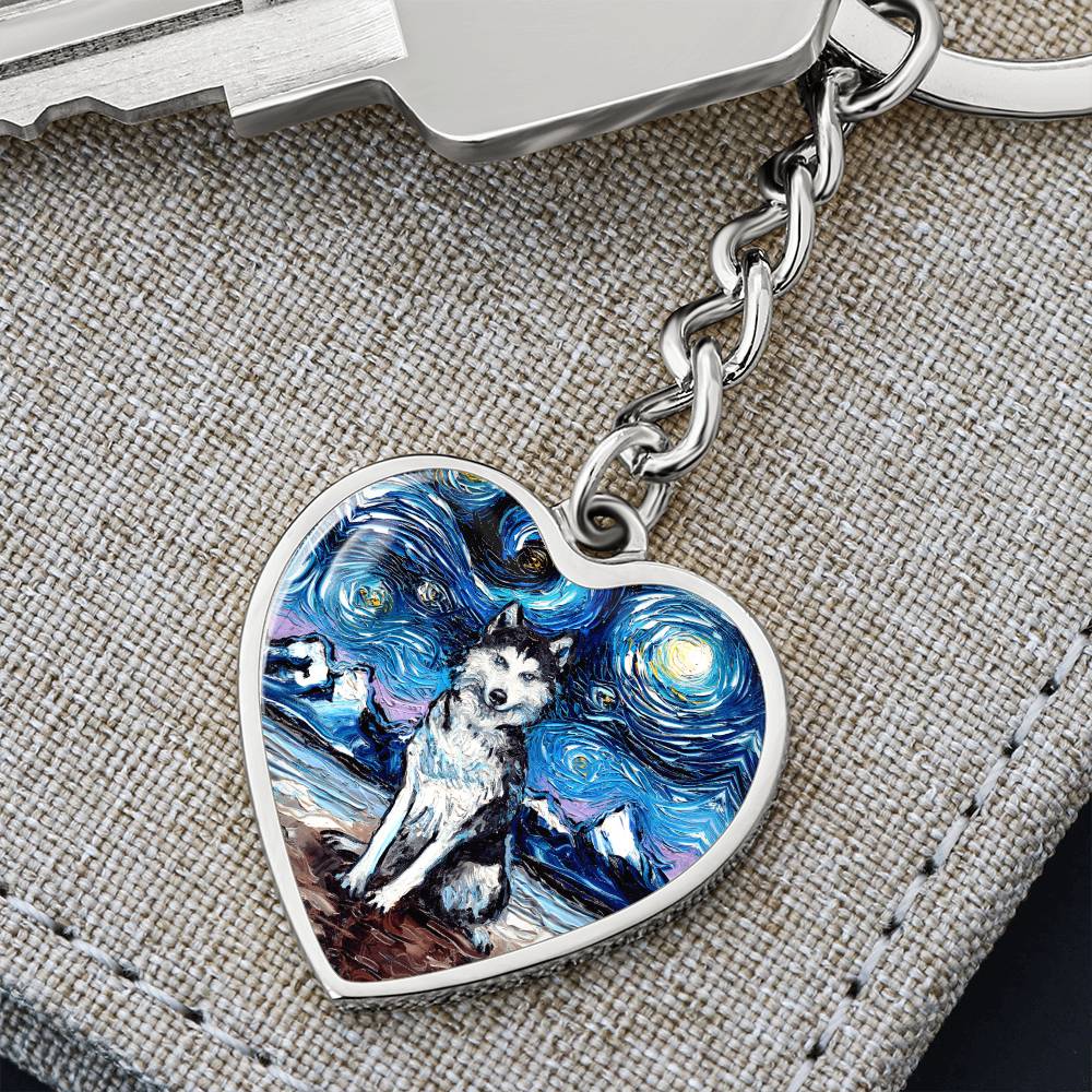 Husky Starry Night Heart Keychain