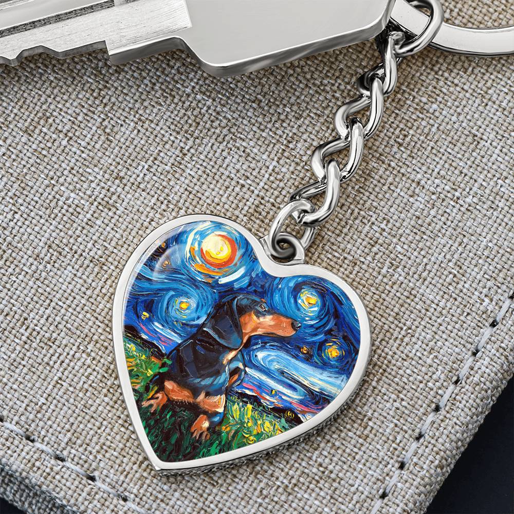Black and Tan Dachshund Starry Night Heart Keychain