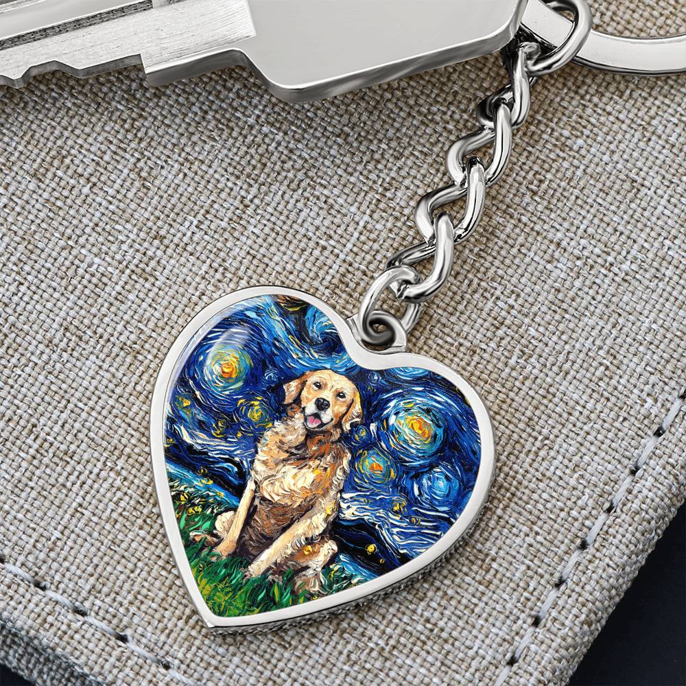 Golden Retriever Starry Night Heart Keychain