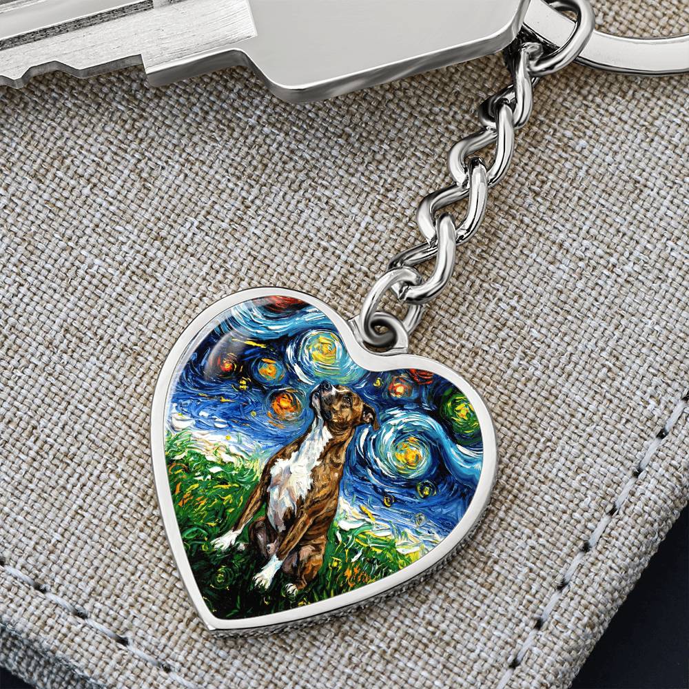 Staffordshire Bull Terrier Starry Night Heart Keychain