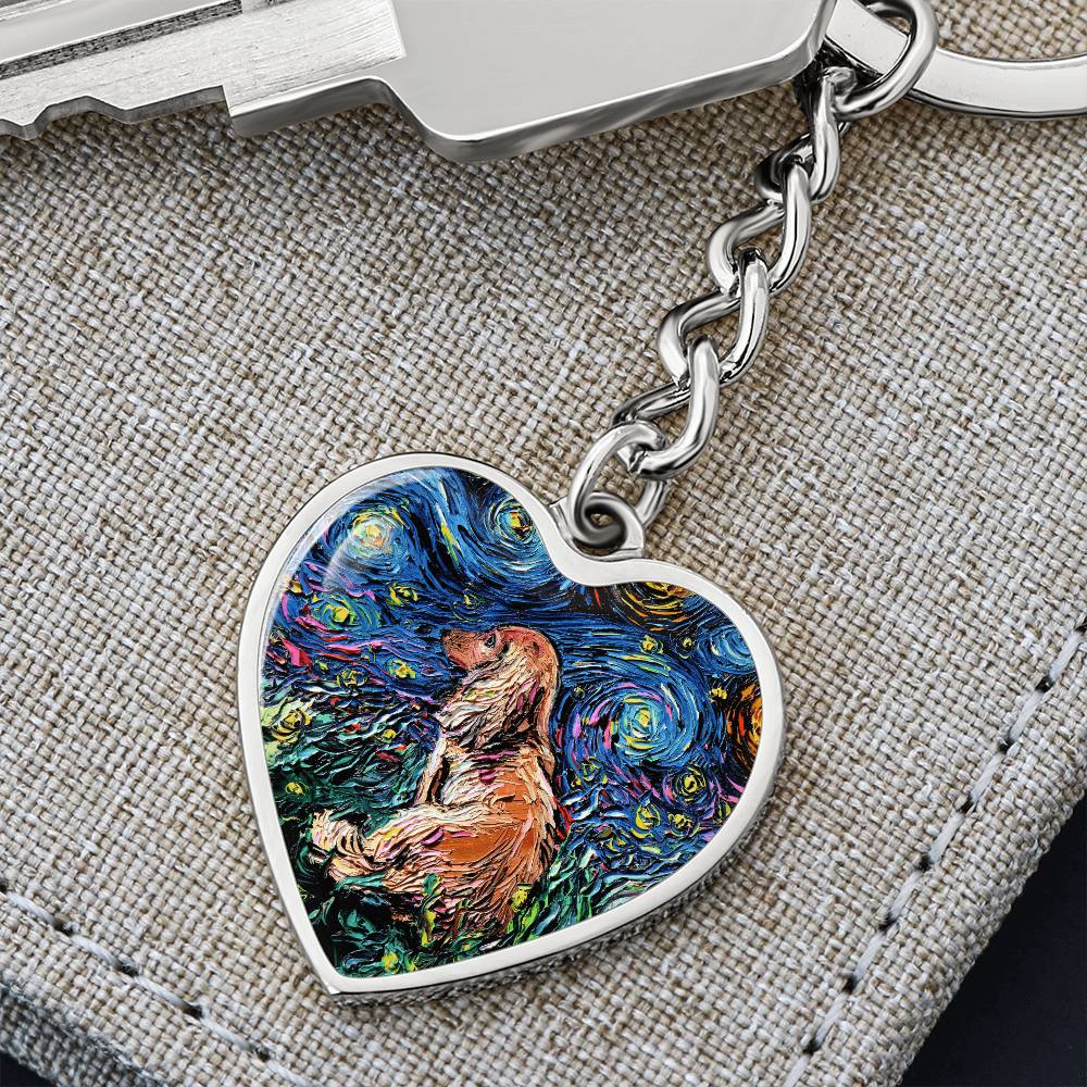 Long Hair Brown Dachshund Starry Night Heart Keychain