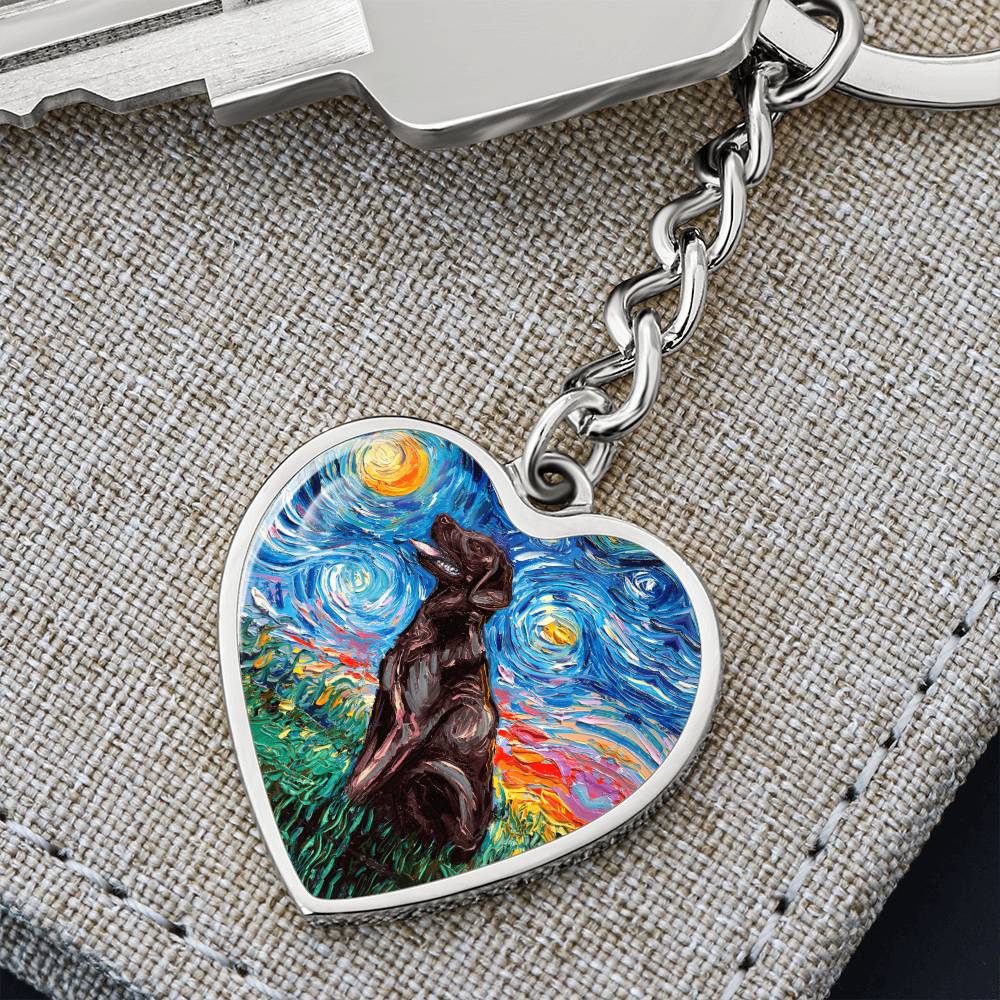 Chocolate Labrador Starry Night Heart Keychain