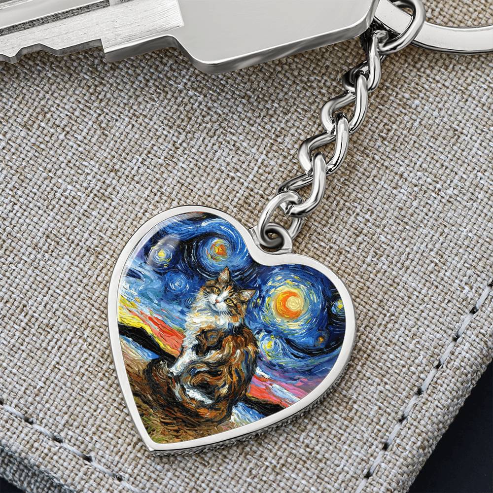 Calico Cat 2 Starry Night Heart Keychain