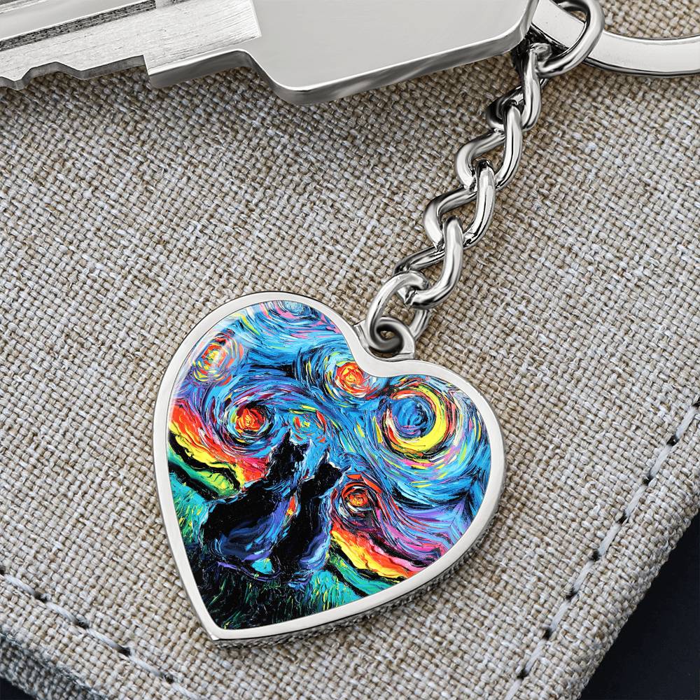 Van Gogh;s Cats Starry Night Heart Keychain