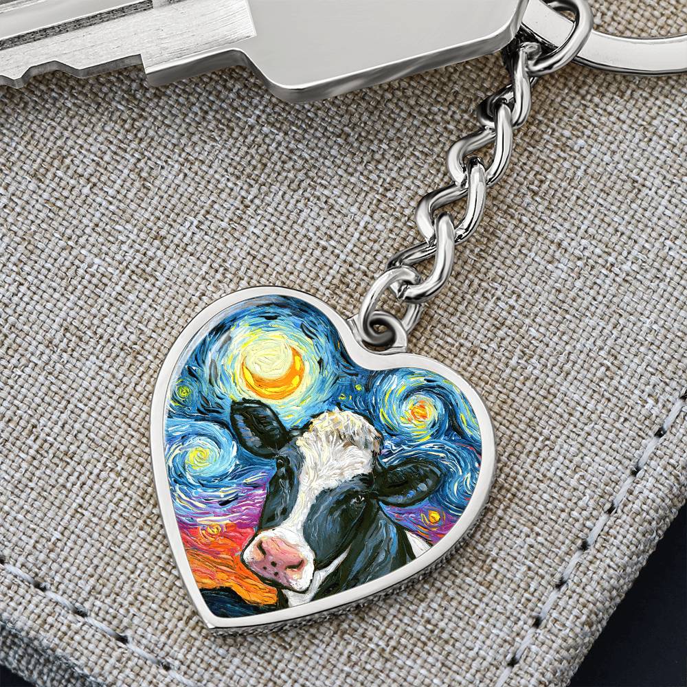 Holstein Cow Starry Night Heart Keychain