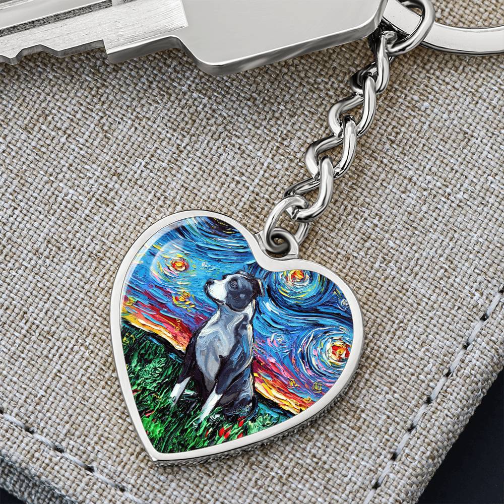 Pit Bull Starry Night Heart Keychain