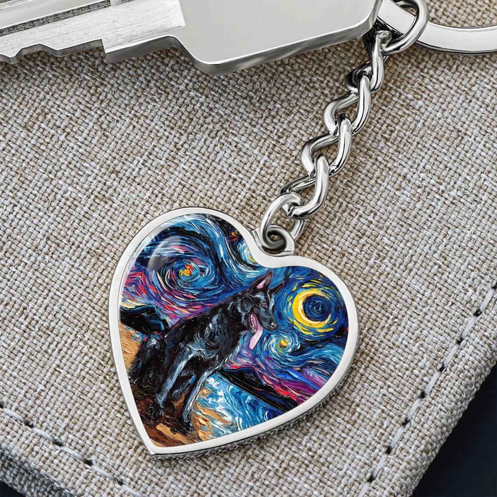 Black German Shepherd Starry Night Heart Keychain