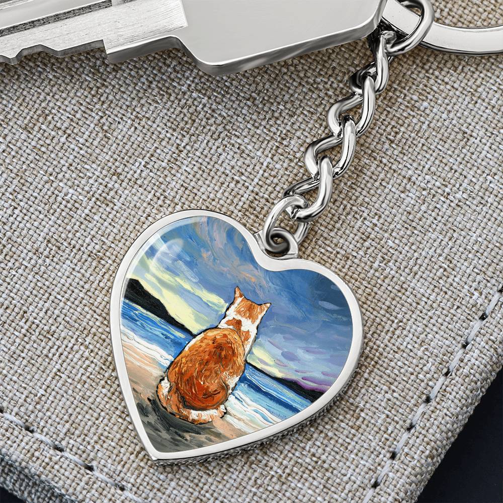 Beach Days - Orange and White Tabby Heart Keychain