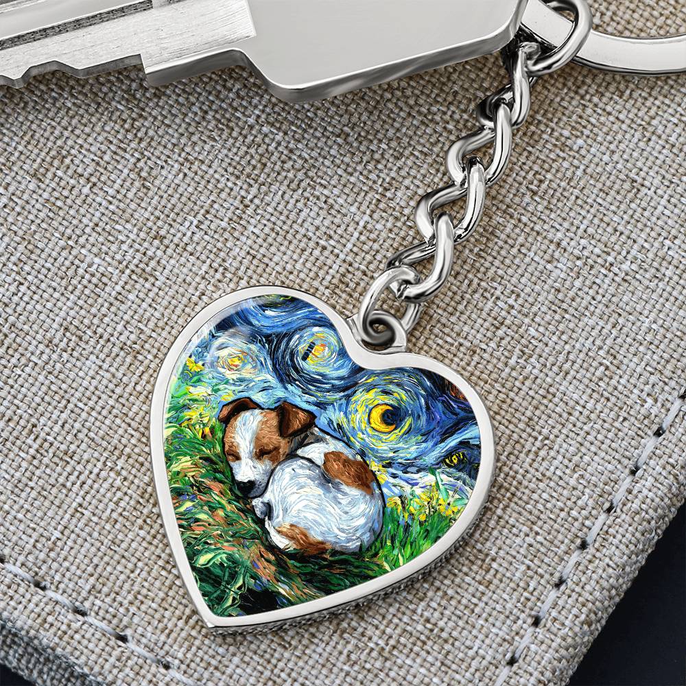 Sleeping Jack Russell Terrier Starry Night Heart Keychain