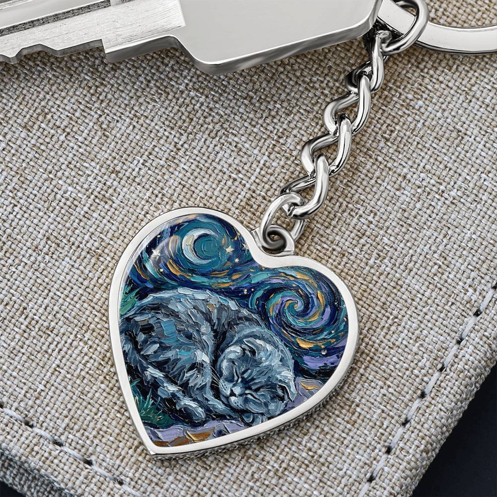 Sleepy Scottish Fold Night Heart Keychain