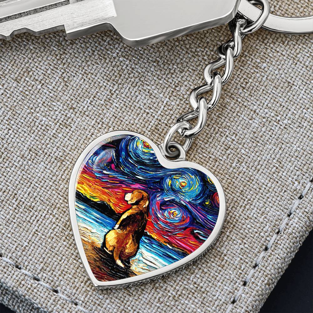 Beagle at the Beach Starry Night Heart Keychain
