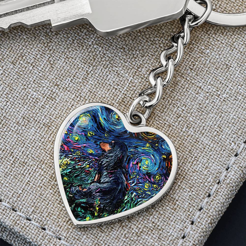 Long Hair Black and Tan Dachshund Starry Night Heart Keychain