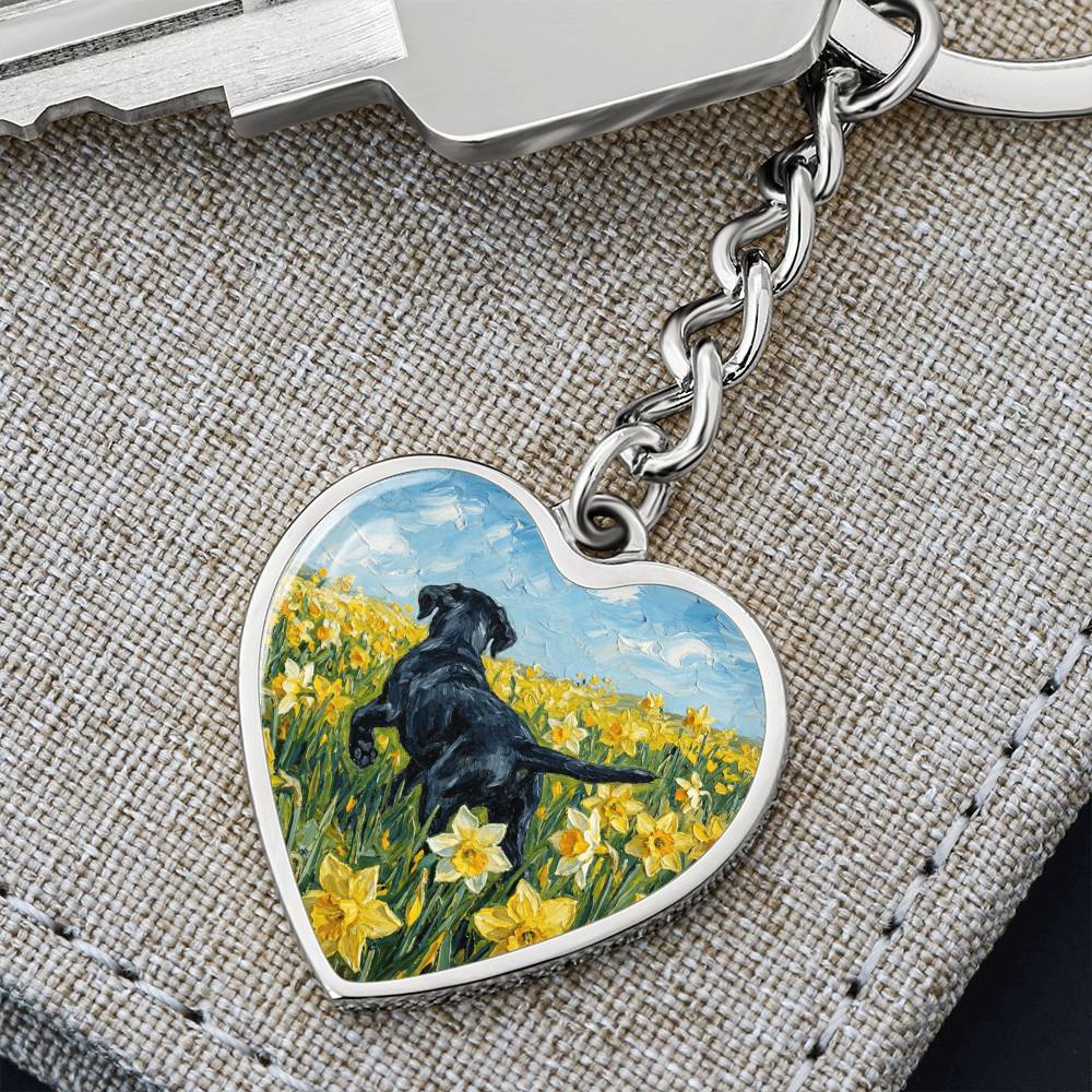Amongst The Flowers - Black Labrador Heart Keychain