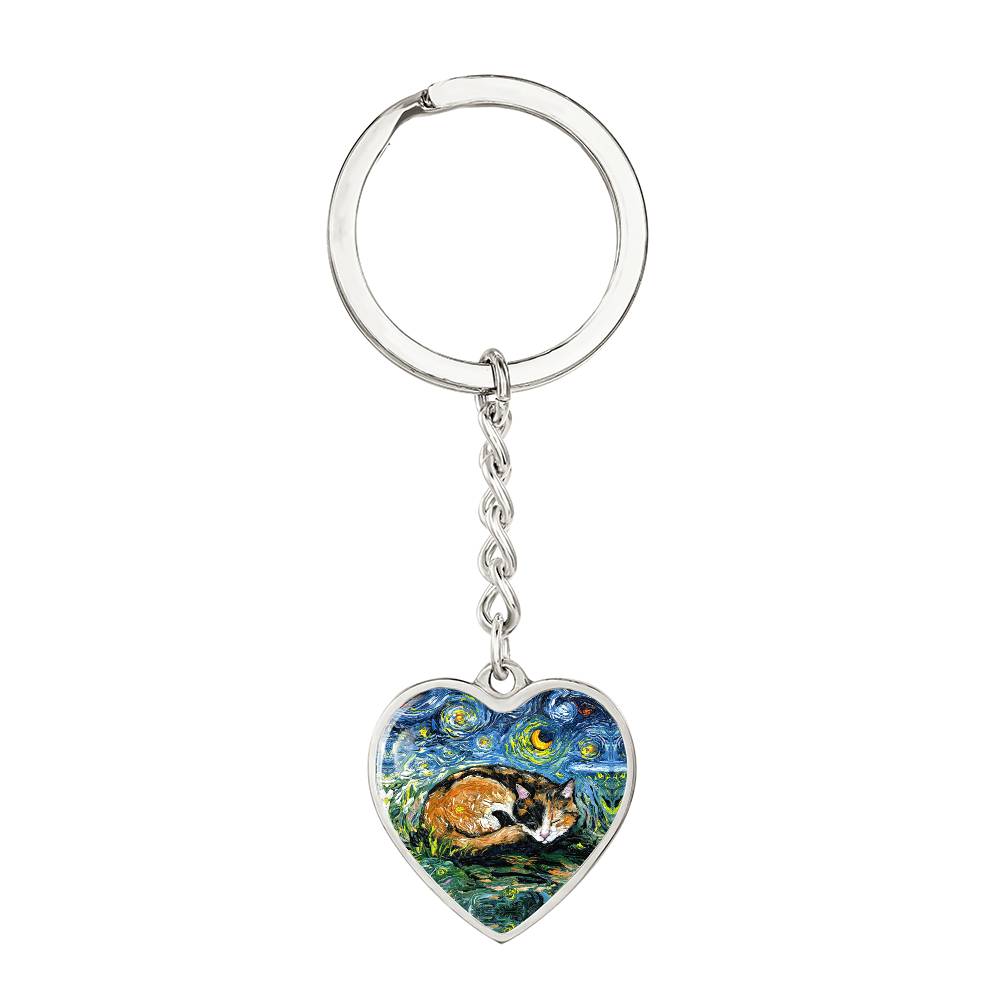 Sleeping Calico Cat Starry Night Heart Keychain