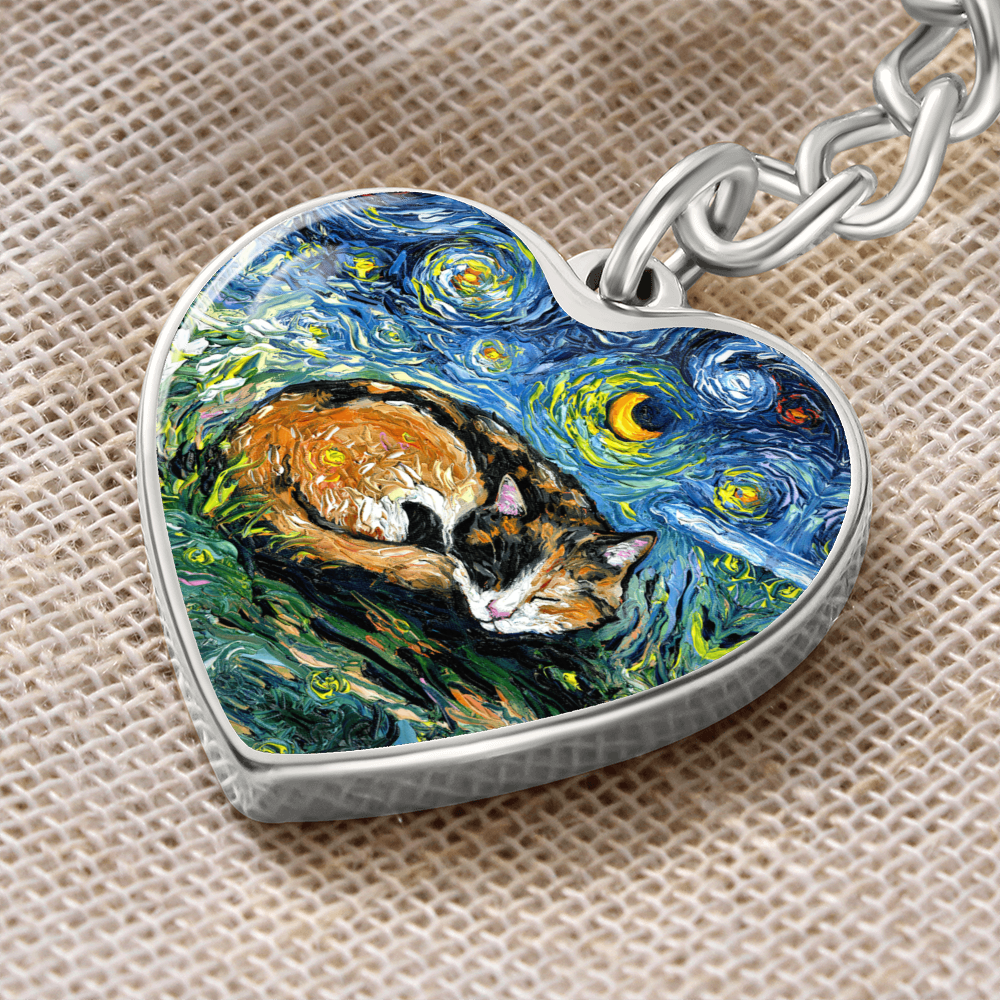 Sleeping Calico Cat Starry Night Heart Keychain