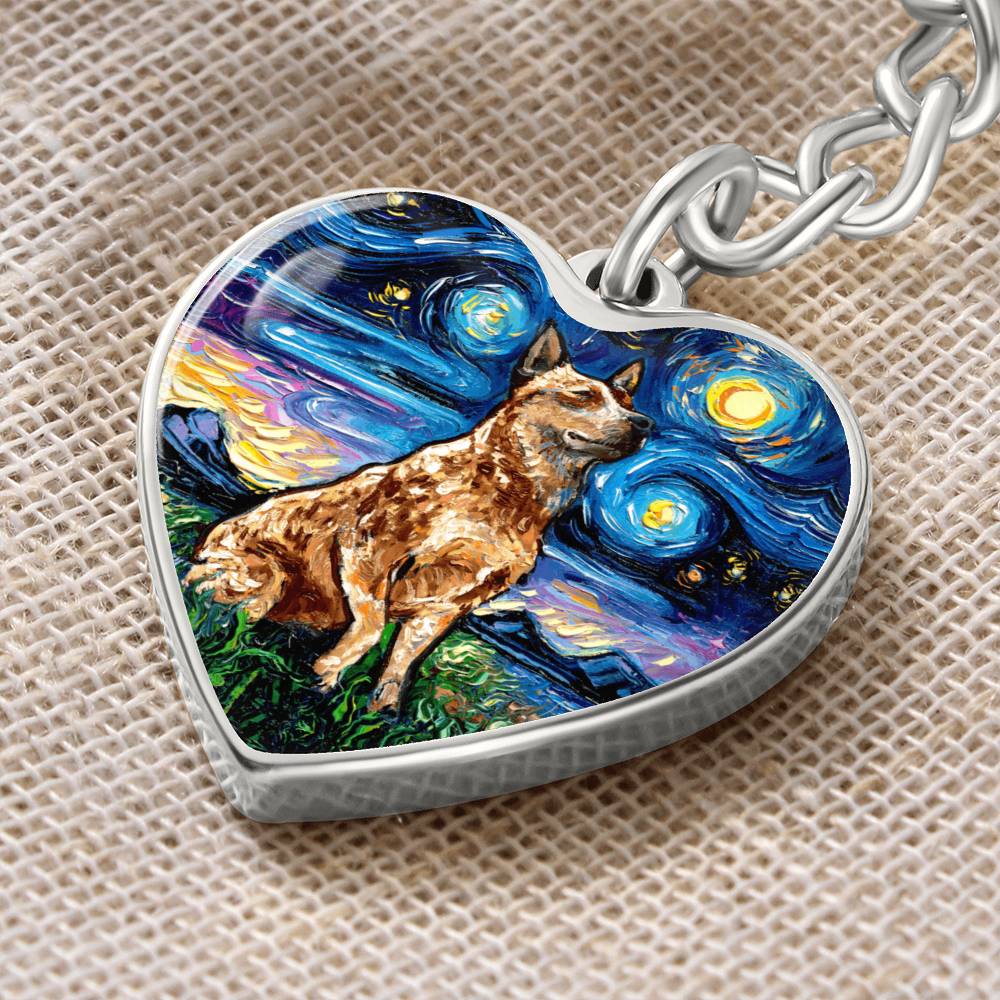 Red Heeler Starry Night Heart Keychain