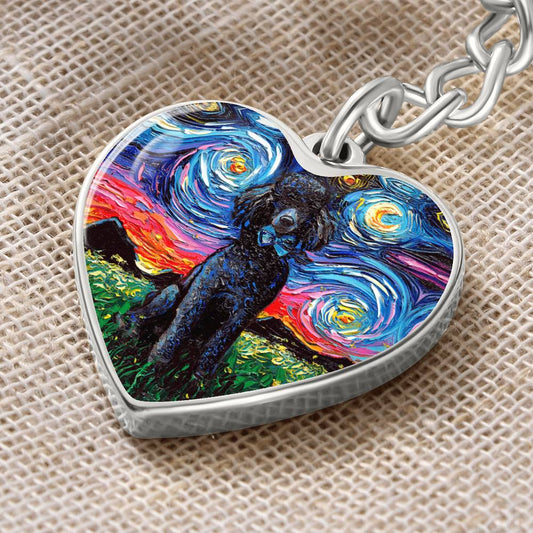 Black Poodle Starry Night Heart Keychain