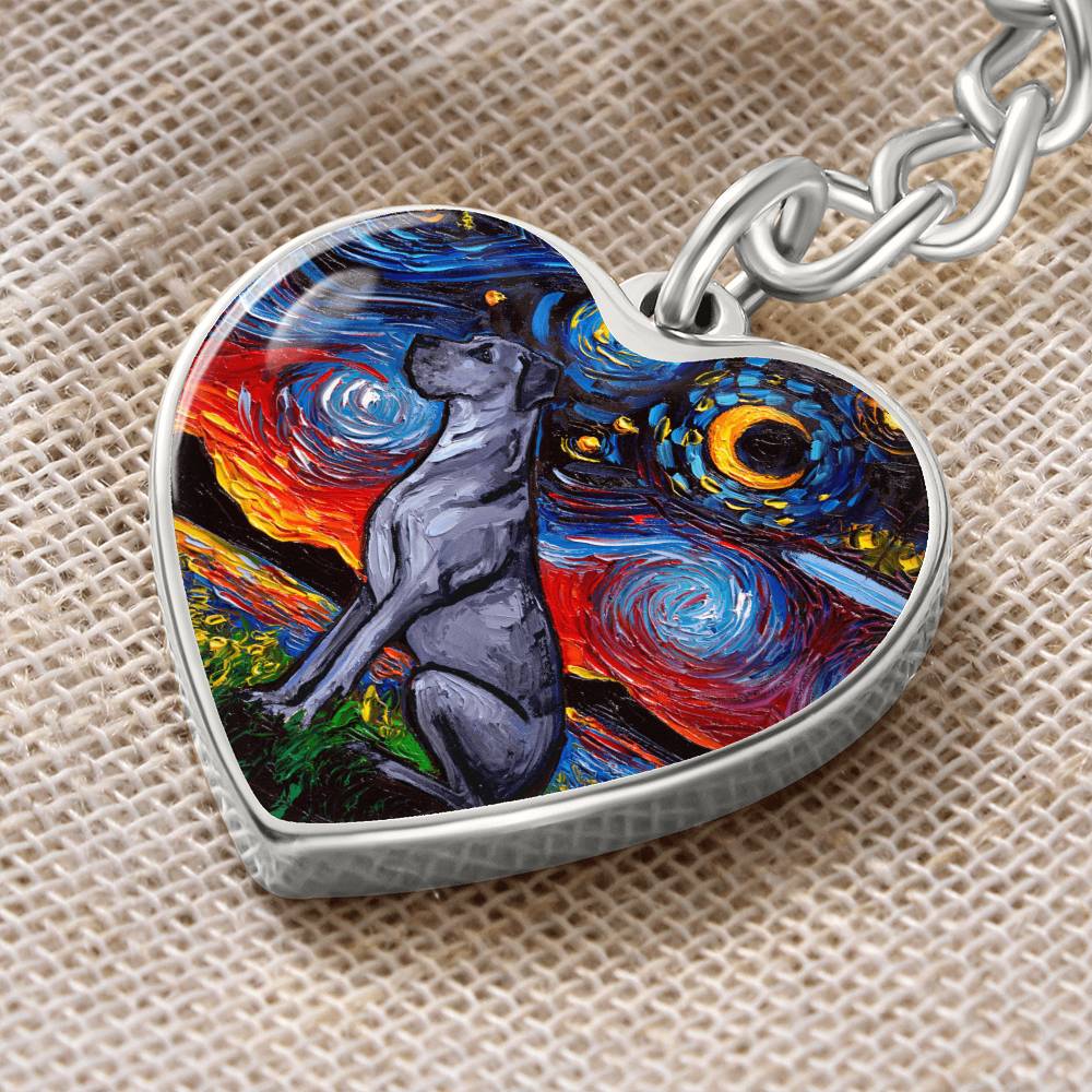 Blue Great Dane Starry Night Heart Keychain