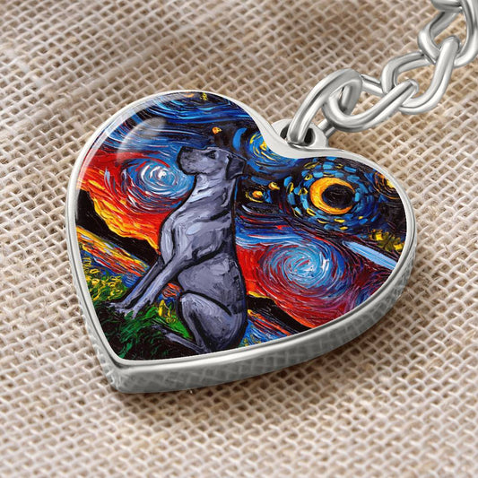 Blue Great Dane Starry Night Heart Keychain