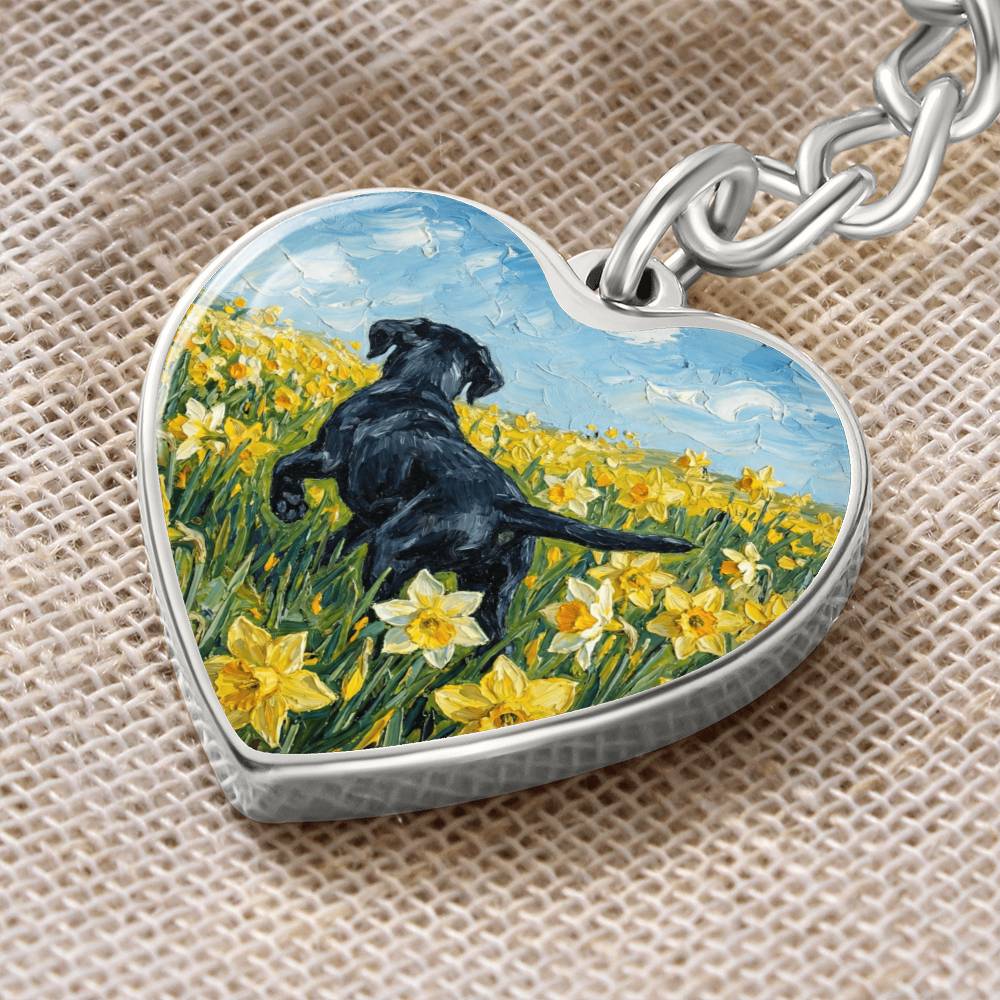 Amongst The Flowers - Black Labrador Heart Keychain