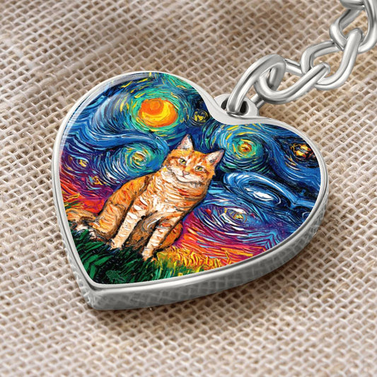 Orange Tabby Cat Starry Night Heart Keychain