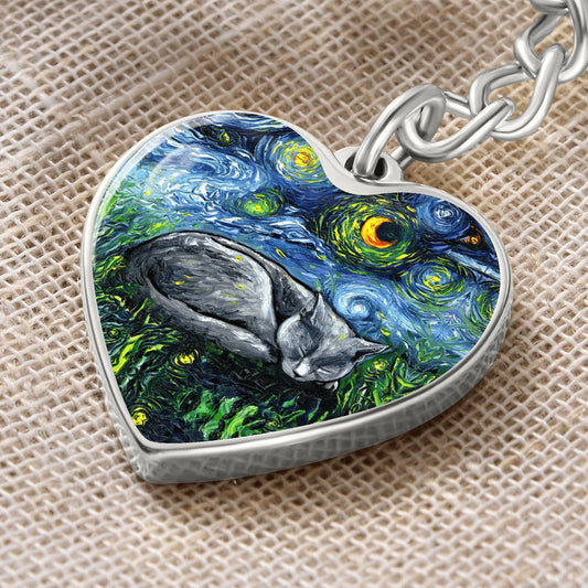 Russian Blue Cat Starry Night Heart Keychain