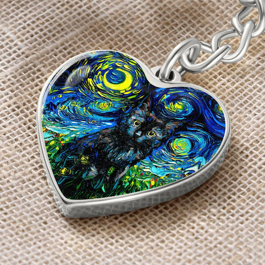 Black Cat Starry Night Heart Keychain