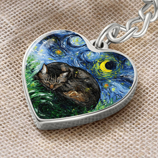 Sleeping Brown Tabby Cat Starry Night Heart Keychain